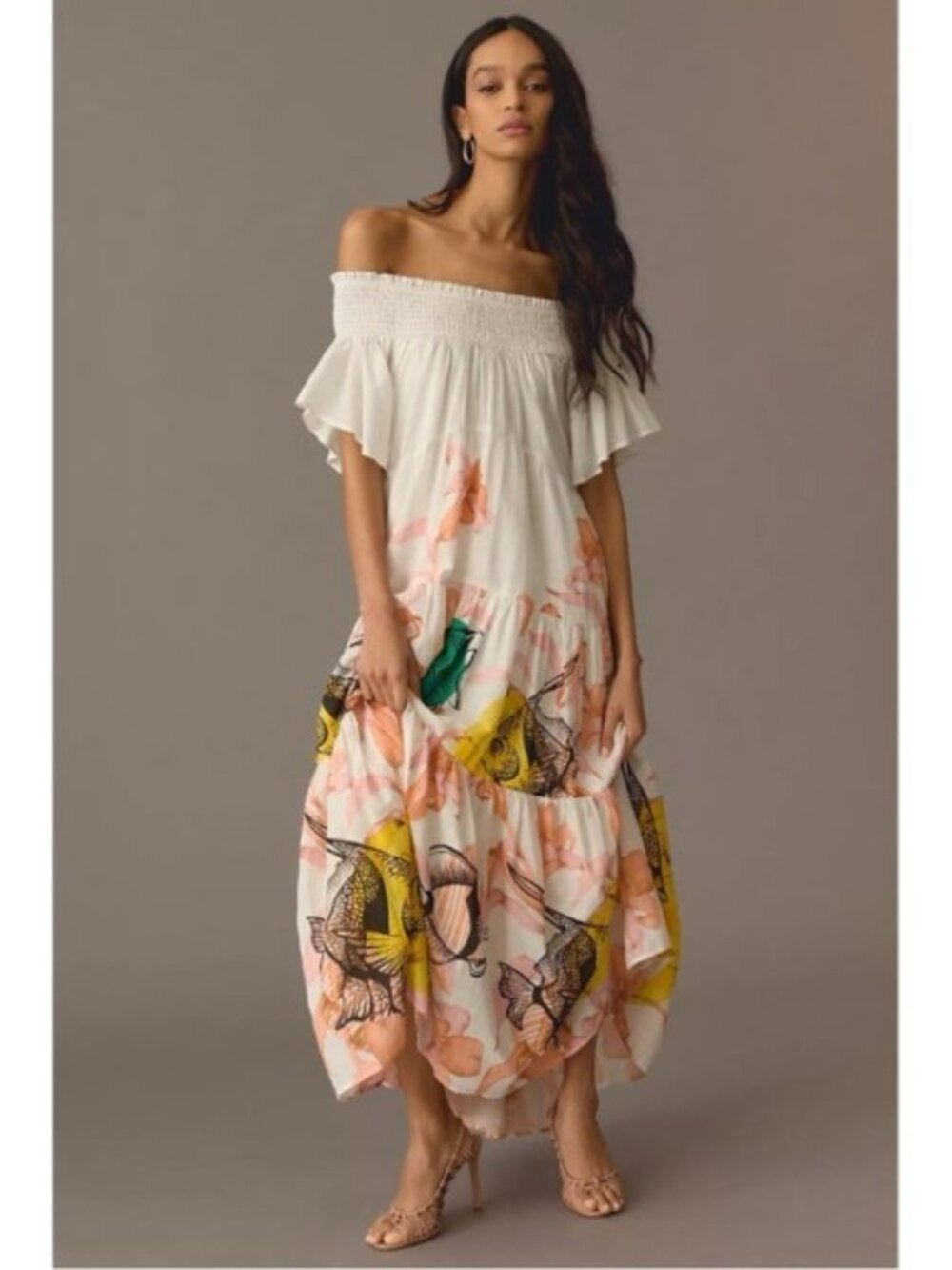 Maeve Pia Binazzi Maxi Dress Pink Vibrant Fish Print Off The Shoulder Tiered S